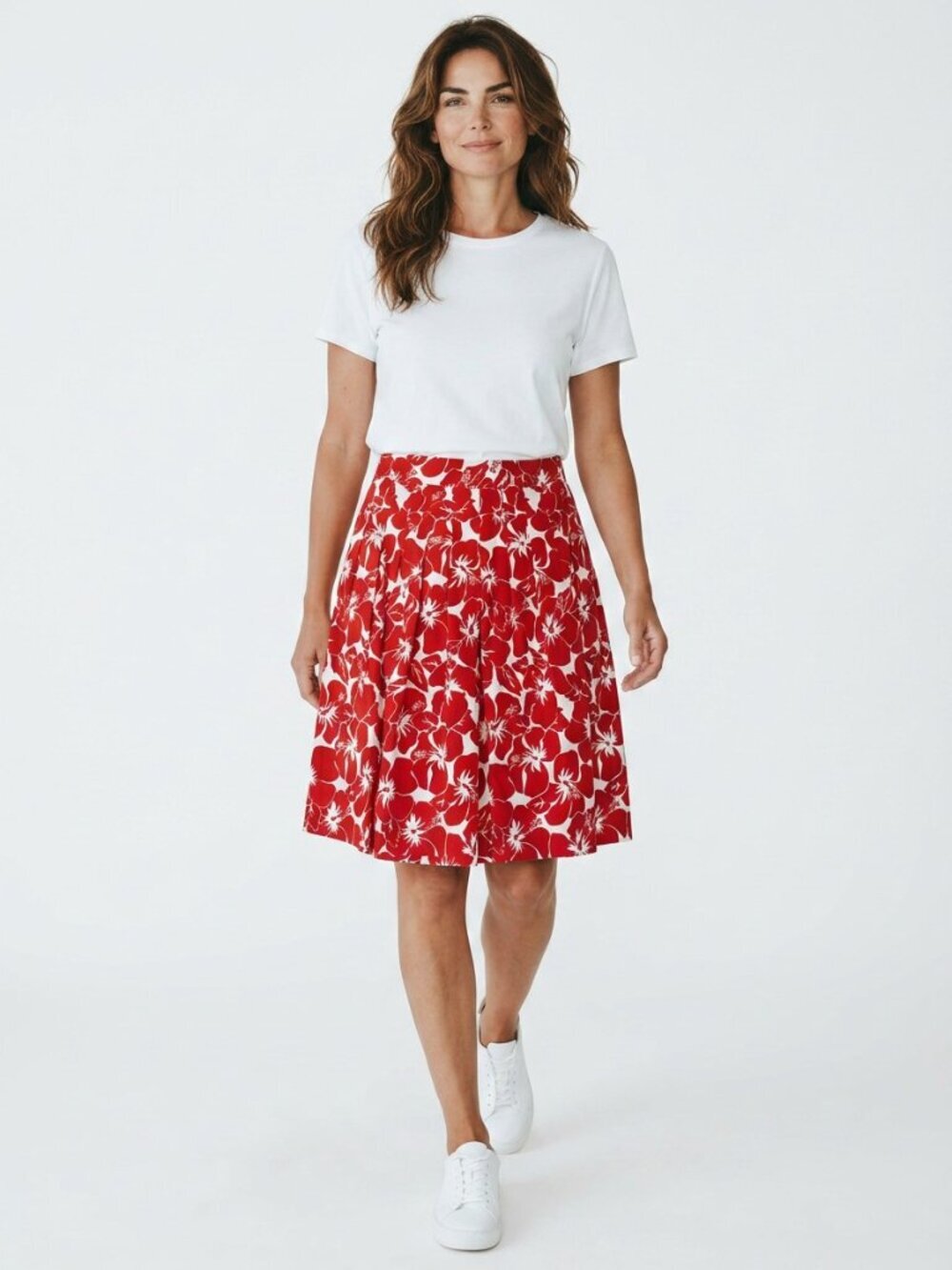 Talbots Red and White A-Line Pleated Flowy Summer Skirt, 4P